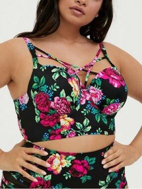 Torrid Floral Underwire Strappy Front Longline Bikini Top 2 D/DD